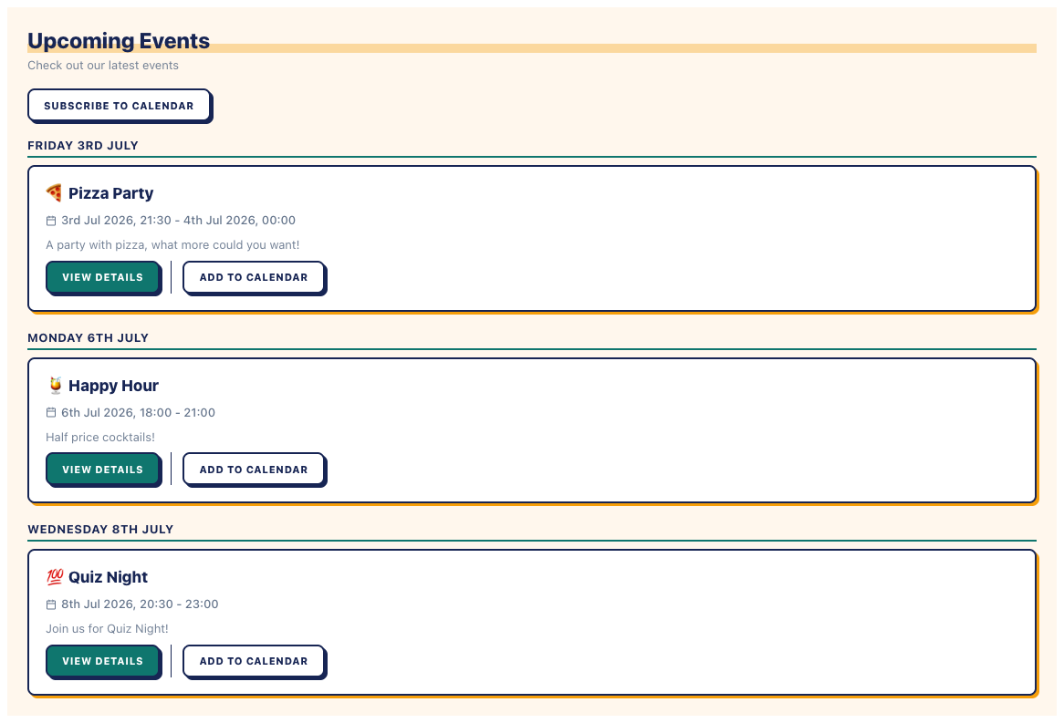 Agenda display mode — events grouped under date headings