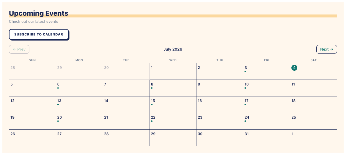 Calendar display mode — a month grid with dots on dates that have events