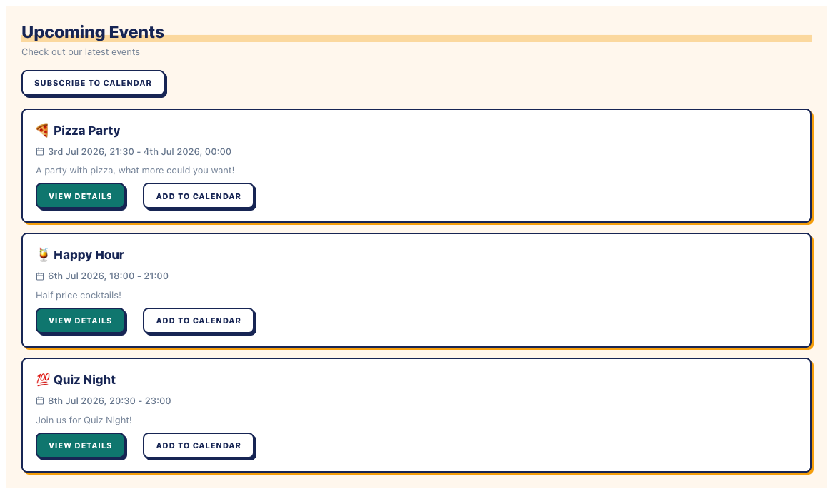 List display mode — a vertical stack of compact event cards