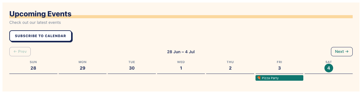 Week display mode — a 7-column grid showing the current week with event blocks