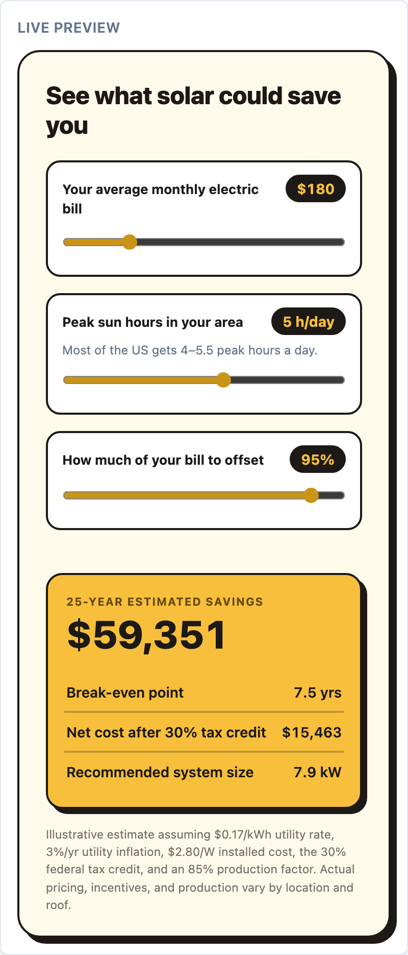 A calculator as a visitor sees it, with the Bold pop theme