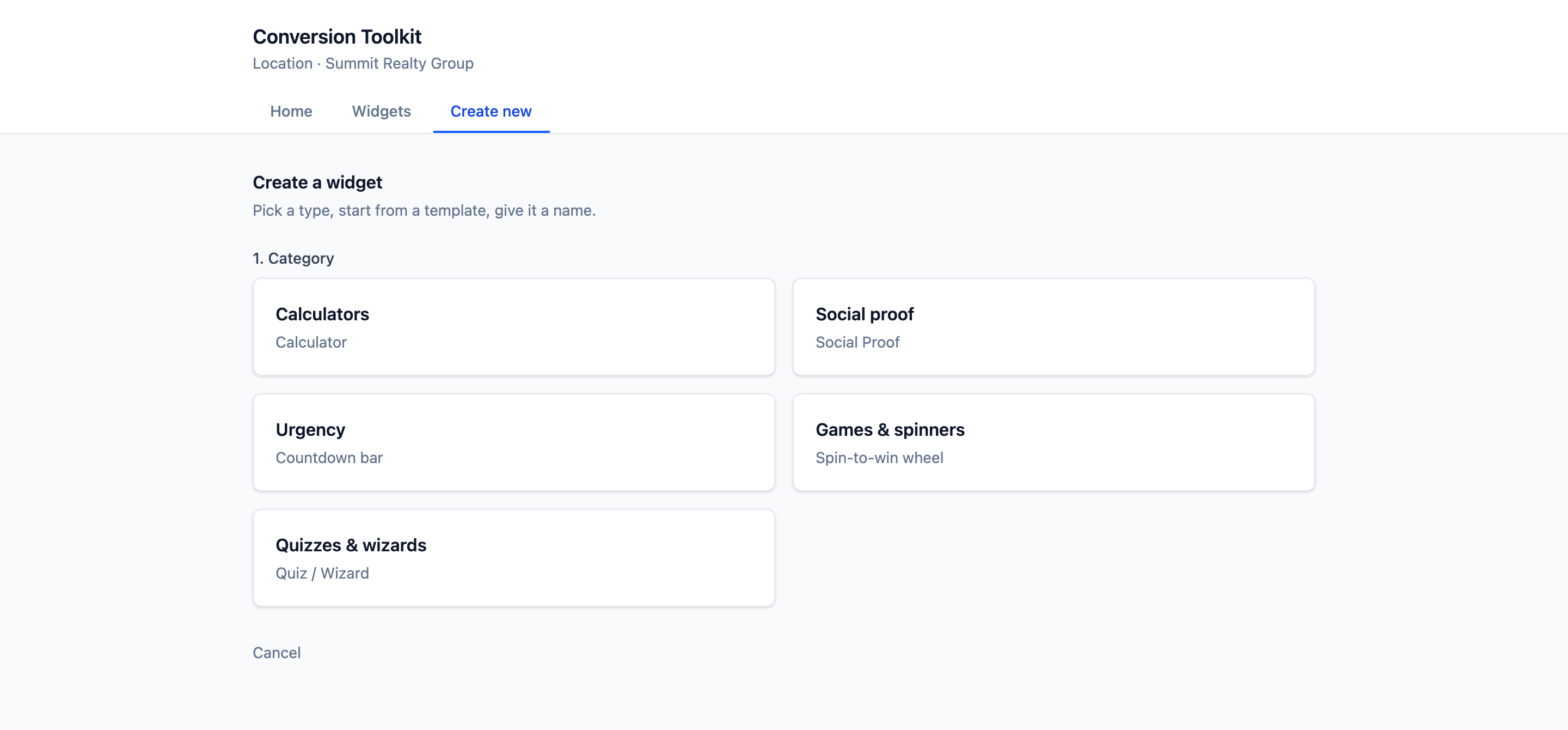 Choosing a widget type in Conversion Toolkit