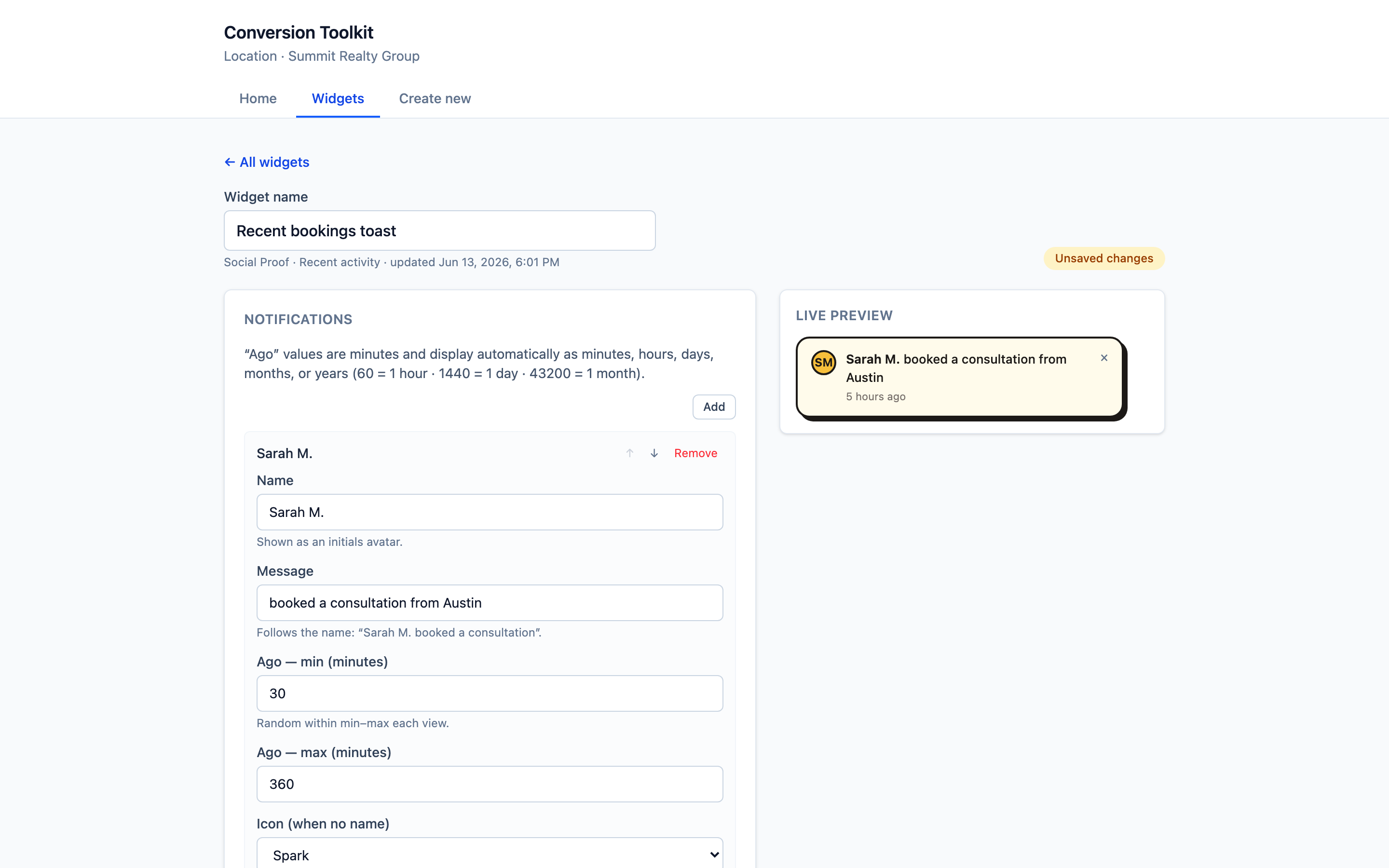 Configuring a social-proof widget