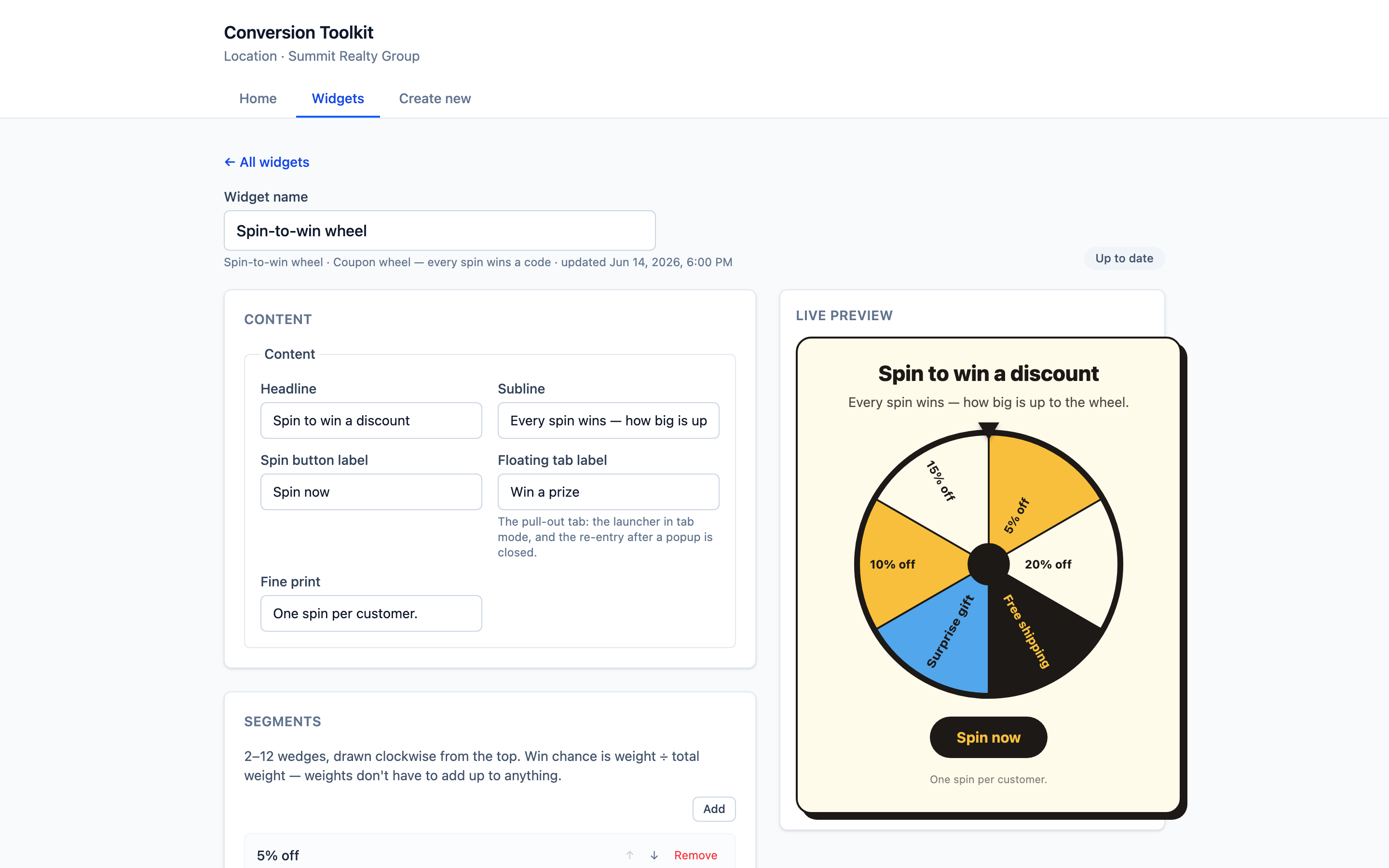 Configuring a spin-to-win wheel