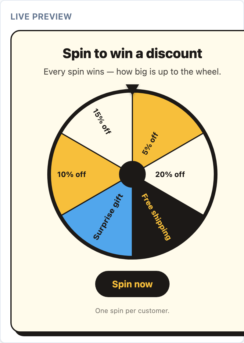 A spin-to-win wheel as a visitor sees it, with the Bold pop theme
