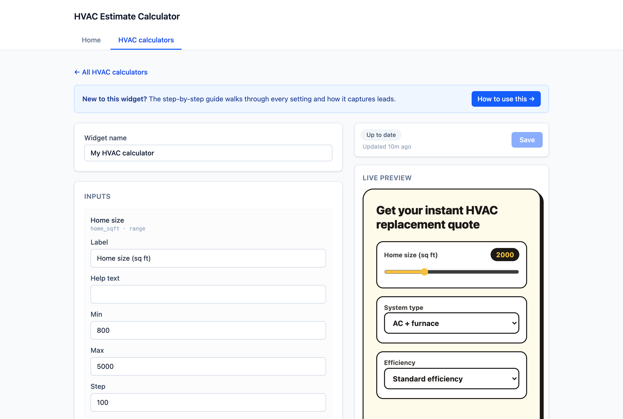The HVAC Estimate Calculator editor with a live preview