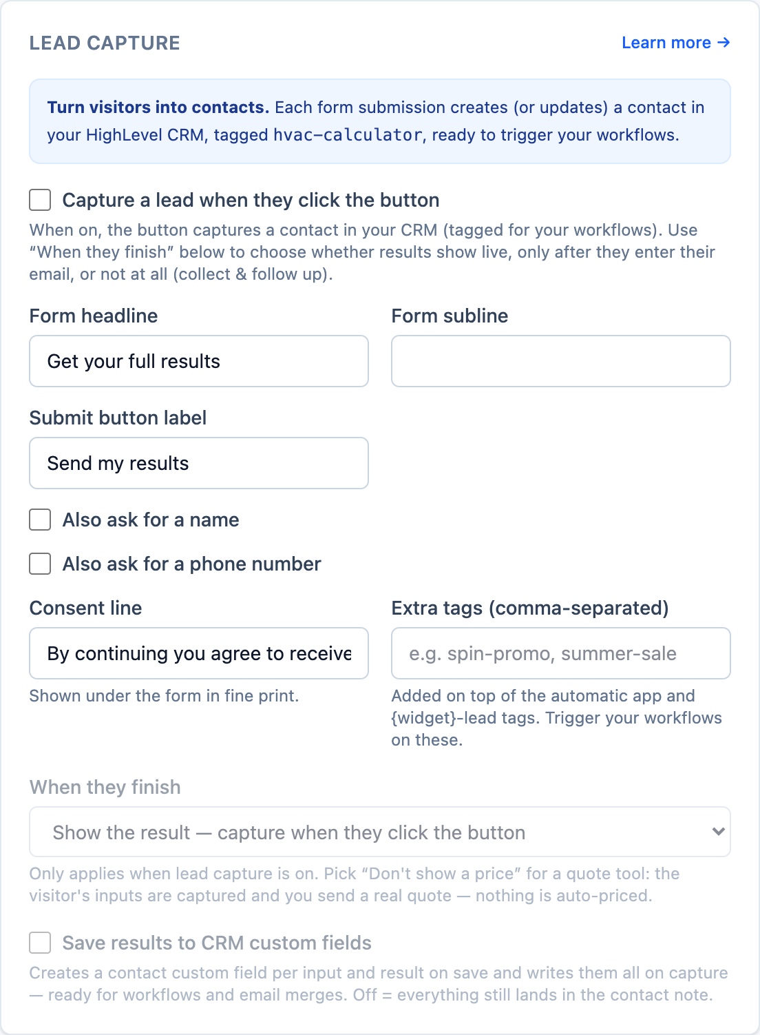 The Lead capture section of the editor