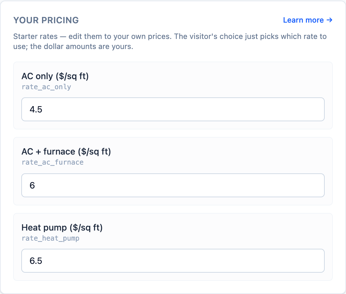 The Your pricing section of the editor