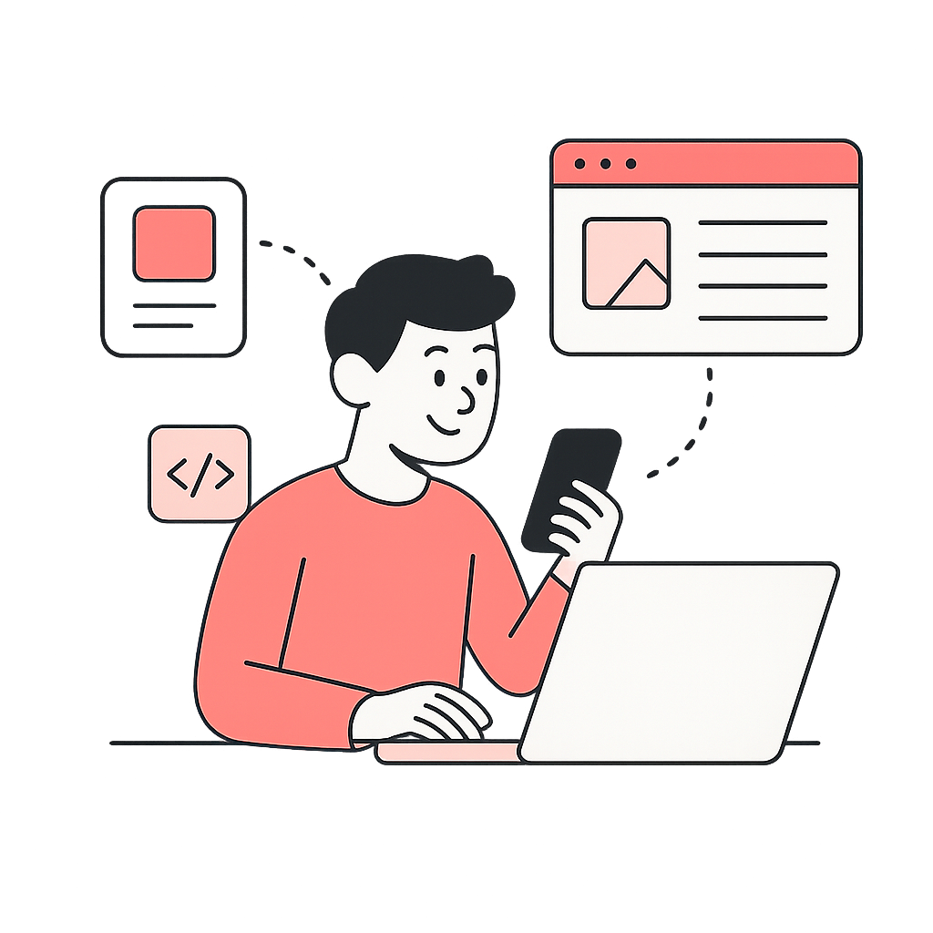 Man in front of laptop holding phone and surround by websites and apps